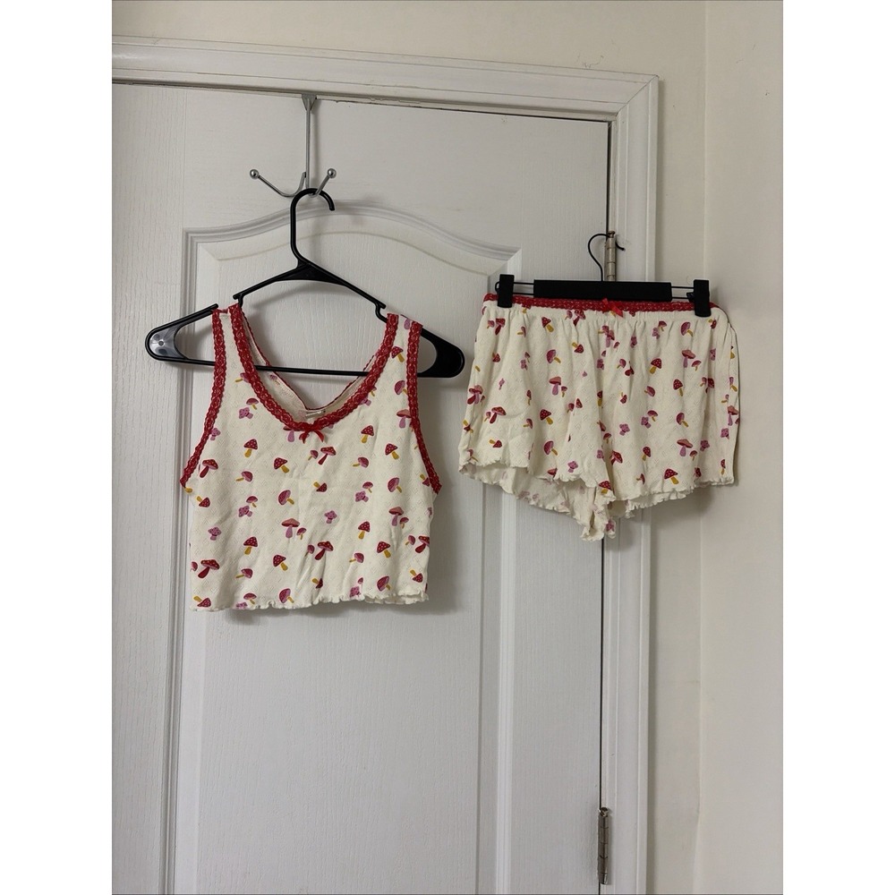 Messy Bun Just Chillin Large Top & Shorts Pajama Set Mushrooms Lace Cottagecore